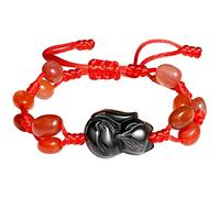 Wizock Black Obsidian Fox Bracelets for Women Reiki Tumbled Stones Beaded Bracelets Adjustable Handmade Balance Jewelry Good Luck Gifts (Red Agate)