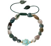 Wizock Boho Blue Sea Turtle Charms Bracelets for Women Reiki Tumbled Crystals Beaded Bracelets Love Wealth and Good Luck Beach Jewelry (Moss Agate)
