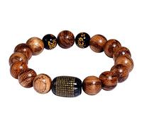 Wizock Feng Shui Black Agate Wealth Bracelets Gold Flying Dragon 12mm Beads Wooden Meditation Protection Stretch Bracelets for Women Men Unisex Elastic