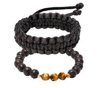 Wizock Lava Stone/Tiger's Eye Stretch Beaded Bracelets for Women and Men Essential Oil Diffuser Handmade Black Paracord Bracelets (2pcs)