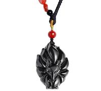 Wizock Red Agate/Black Obsidian Fox Dainty Necklaces for Women Crystals and Gemstones Animal Pendant Necklace Protection Amulet Gifts Adjustable (nine tails fox)