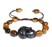 Wizock Semi Precious Gemstone Tiger's Eye Obsidian Cute Fox Adjustable Handmade Beaded Bracelets Irregular Shaped Stones Bracelet for Women Bring Luck Prosperity Wealth