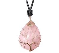 Wizock Simple Tree of Life Wire Wrapped Teardrop Necklace Adjustable Handmade Reiki Crystals Pendant Necklaces for Women and Men, L, Crystal, rose quartz
