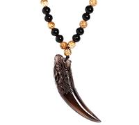 Wizock Wolf Tooth Obsidian Pendant Couple Necklace for Men Black Obsidian Bead Chain Amulet Reiki Healing Crystal Wilderness Necklace for Women, Stone, Obsidian