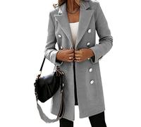 WJANYHN Autumn and Winter Leisure Exquisite Fashion Long-Sleeved Suit Collar Double-Breasted Nizi Jacket Windbreaker Coat Women Grey