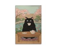 WJCSZS Black Cat Drink Japanese Tea Sakura Koi Pond Poster Posters Premium Canvas Wall Art Stunning Landscape，Cityscape, And Classic Movie Modern Home Decor Art Prints For Living Room And Bed Room24x3