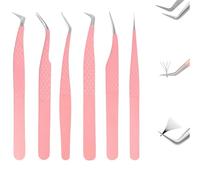 Wjelet 6 Pcs Eyelash Tweezers, Comelylash Curved & Straight Eyelash Applicator,Fibre Tip Tweezers for Eyelash Extensions(Pink)