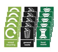 Wjelet Recycling Stickers for Bins, 15Pcs 150 × 100 mm Vinyl Mixed Recycling & Food and General Waste Self-Adhesive Waterproof Bin Stickers, Indoor Outdoor Recycle Signs