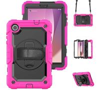 Wjenhyog Case for Lenovo Tab M8 4th Gen 2024/2023 (TB-301FU, TB-300FU),3-Layer Rugged Shockproof Rotating Bracket Cover with Screen Protector/Hand Strap/Shoulder Strap (Hot Pink+Black)