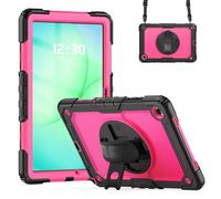 Wjenhyog Case for Samsung Galaxy Tab A11 Plus/ A11+ 2025 11 Inch SM-X230/X235/X236,3-Layer Heavy Duty Shockproof Cover with Screen Protector/Rotating Hand Strap/Shoulder Strap (Black+Hot Pink)