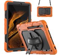 Wjenhyog Case for Samsung Galaxy Tab S7/S8(X700/X706/T870/T875/T878),3-Layer Heavy Duty Shockproof Cover with Screen Protector/Rotating Hand Strap/Shoulder Strap (Orange+Black)