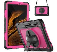 Wjenhyog Case for Samsung Galaxy Tab S7/S8(X700/X706/T870/T875/T878),3-Layer Heavy Duty Shockproof Cover with Screen Protector/Rotating Hand Strap/Shoulder Strap (Black+Hot Pink)