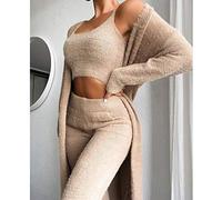 WJFGGXHK Woman'S Pajamas,Sexy Solid Winter Plush Khaki Pjs Sleepwear Robe Three Piece Sets Home Clothes Long Sleeve Bottoms Pants Soft Casual Loungewear Nightwear For Adult Outfits Suit