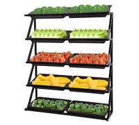 WJFTODAY 5-Tier Commercial Supermarket Fruit & Vegetable Display Rack Double Row Retail Shelf with 10 Baskets for Kitchen Grocery Stores Farmers' Markets - Coffee Brown