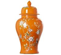 WJFTODAY Ginger Jar Ceramic Vase Ceramic Vases Ginger Jar With Lid For Home Decor Large Orange Flower Birds Temple Jar Vase Decorative Jar Storage Jars (A-25 * 45Cm)