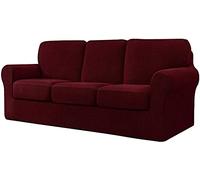 WJHDWYD 7 Pieces Stretch Sofa Cover, Sofa Cover with Three Separate Backs and Cushions with Elastic Band, Checked Spandex Jacquard Fabric(Vino Rosso,3 posti (185-235 cm))