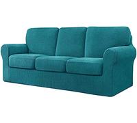 WJHDWYD 7 Pieces Stretch Sofa Cover, Sofa Cover with Three Separate Backs and Cushions with Elastic Band, Checked Spandex Jacquard Fabric(Deep Teal,3 posti (185-235 cm))
