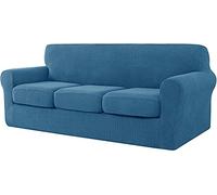 WJHDWYD 7 Pieces Stretch Sofa Cover, Sofa Cover with Three Separate Backs and Cushions with Elastic Band, Checked Spandex Jacquard Fabric(Blu Denim,3 posti (185-235 cm))