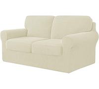 WJHDWYD 7 Pieces Stretch Sofa Cover, Sofa Cover with Three Separate Backs and Cushions with Elastic Band, Checked Spandex Jacquard Fabric(Avorio,2 posti (145-178 cm))