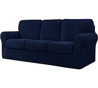 WJHDWYD 7 Pieces Stretch Sofa Cover, Sofa Cover with Three Separate Backs and Cushions with Elastic Band, Checked Spandex Jacquard Fabric(Navy,3 posti (185-235 cm))