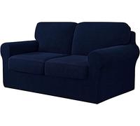 WJHDWYD 7 Pieces Stretch Sofa Cover, Sofa Cover with Three Separate Backs and Cushions with Elastic Band, Checked Spandex Jacquard Fabric(Navy,2 posti (145-178 cm))