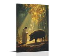 WJHJZQYY A Boar Lowers Its Tusks before Jesus in The Forest, Yielding Not in Fear, But in Reverent Awe. Decorative Wall Mural Modern Hanging Art Poster12x18inch(30x45cm)