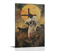 WJHJZQYY A Broken Cross Lies behind Jesus As He Lifts A Lamb And Walks Forward, Ignoring Wolves Pacing at The Horizon. Decorative Wall Mural Modern Hanging Art Poster08x12inch(20x30cm)