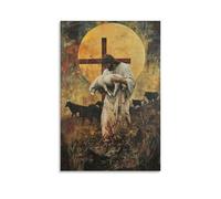 WJHJZQYY A Broken Cross Lies behind Jesus As He Lifts A Lamb And Walks Forward, Ignoring Wolves Pacing at The Horizon. Decorative Wall Mural Modern Hanging Art Poster12x18inch(30x45cm)