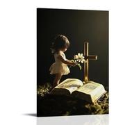 WJHJZQYY A Child Places A Flower Into A Bible Resting at The Base of A Golden Cross, And A Soft Breeze Answers with Silence. Decorative Wall Mural Modern Hanging Art Poster16x24inch(40x60cm)
