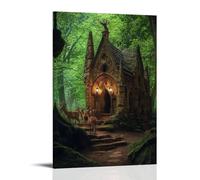 WJHJZQYY A Forest Chapel Carved Into Ancient Wood, Where Deer Gather near The Altar in Reverent Silence Beneath Lantern Glow. Decorative Wall Mural Modern Hanging Art Poster24x36inch(60x90cm)