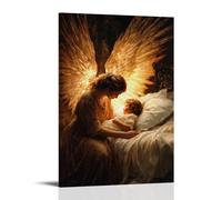 WJHJZQYY A Mother Kneels Beside Her Child’s Bed As An Angel Wraps Them Both in A Wing of Warm, Glowing Light. Decorative Wall Mural Modern Hanging Art Poster24x36inch(60x90cm)