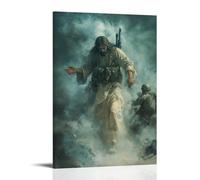 WJHJZQYY A Weary Soldier Drops His Weapon As Jesus Emerges from Smoke, Offering His Hand on A Battlefield Strewn with Sorrow. Decorative Wall Mural Modern Hanging Art Poster20x30inch(50x75cm)