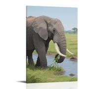 WJHJZQYY An African Elephant Using Its Trunk to Pick Grass on The Ground, with A Huge Body Decorative Wall Mural Modern Hanging Art Poster24x36inch(60x90cm)