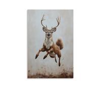 WJHJZQYY Animal Oil Painting of A Deer Mid-air in A Squirrel Suit, Antlers Tilted Back, Floating on Dusty Beige. Decorative Wall Mural Modern Hanging Art Poster20x30inch(50x75cm)