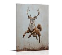 WJHJZQYY Animal Oil Painting of A Deer Mid-air in A Squirrel Suit, Antlers Tilted Back, Floating on Dusty Beige. Decorative Wall Mural Modern Hanging Art Poster20x30inch(50x75cm)