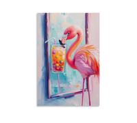 WJHJZQYY Animal Oil Painting of A Flamingo Sipping Colorful Bubble Tea While Posing in Front of A Sunny Pastel Mirror. Decorative Wall Mural Modern Hanging Art Poster20x30inch(50x75cm)