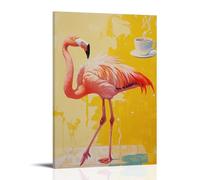 WJHJZQYY Animal Oil Painting of A Flamingo Slipping on Soapy Tiles, Coffee Cup Soaring through Pastel Yellow Air. Decorative Wall Mural Modern Hanging Art Poster20x30inch(50x75cm)