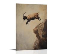 WJHJZQYY Animal Oil Painting of A Goat Hang-gliding from A Cliff, Hooves Out, on A Faded Beige Background. Decorative Wall Mural Modern Hanging Art Poster16x24inch(40x60cm)