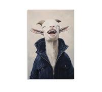 WJHJZQYY Animal Oil Painting of A Goat Laughing While Trying to Fit Into An Oversized Navy Jacket, Set Against A Soft Beige Sky. Decorative Wall Mural Modern Hanging Art Poster08x12inch(20x30cm)