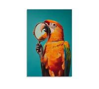 WJHJZQYY Animal Oil Painting of A Parrot Singing Opera Into A Handheld Mirror, Stage-lit Against A Mint Blue Backdrop. Decorative Wall Mural Modern Hanging Art Poster24x36inch(60x90cm)