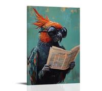 WJHJZQYY Animal Oil Painting of A Parrot Wearing Monocle Glasses, Reading International News Under A Mint Backdrop. Decorative Wall Mural Modern Hanging Art Poster16x24inch(40x60cm)