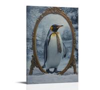 WJHJZQYY Animal Oil Painting of A Penguin Adjusting A Tiny Tie in A Frosted Mirror, Preparing for A Snowy Morning Walk. Decorative Wall Mural Modern Hanging Art Poster20x30inch(50x75cm)