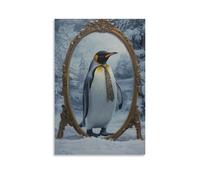 WJHJZQYY Animal Oil Painting of A Penguin Adjusting A Tiny Tie in A Frosted Mirror, Preparing for A Snowy Morning Walk. Decorative Wall Mural Modern Hanging Art Poster12x18inch(30x45cm)