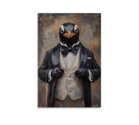 WJHJZQYY Animal Oil Painting of A Penguin Buttoning The Last Button on A Fresh Double-breasted Dinner Jacket. Decorative Wall Mural Modern Hanging Art Poster16x24inch(40x60cm)