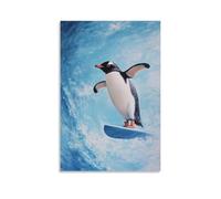 WJHJZQYY Animal Oil Painting of A Penguin Performing A Backflip on A Surfboard over A Flat Ice Blue Background. Decorative Wall Mural Modern Hanging Art Poster24x36inch(60x90cm)