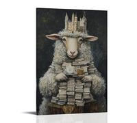 WJHJZQYY Animal Oil Painting of A Sheep Stacking Newspapers Into A Castle Fortress While Sipping Tea. Decorative Wall Mural Modern Hanging Art Poster12x18inch(30x45cm)