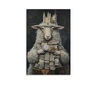 WJHJZQYY Animal Oil Painting of A Sheep Stacking Newspapers Into A Castle Fortress While Sipping Tea. Decorative Wall Mural Modern Hanging Art Poster16x24inch(40x60cm)