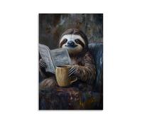 WJHJZQYY Animal Oil Painting of A Sloth Reading Only The First Headline before Napping over A Warm Coffee Mug. Decorative Wall Mural Modern Hanging Art Poster20x30inch(50x75cm)
