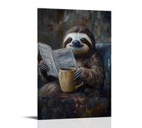 WJHJZQYY Animal Oil Painting of A Sloth Reading Only The First Headline before Napping over A Warm Coffee Mug. Decorative Wall Mural Modern Hanging Art Poster24x36inch(60x90cm)