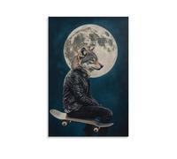 WJHJZQYY Animal Oil Painting of A Wolf in A Leather Jacket Skateboarding Under A Full Moon on A Plain Dark Blue Background. Decorative Wall Mural Modern Hanging Art Poster16x24inch(40x60cm)